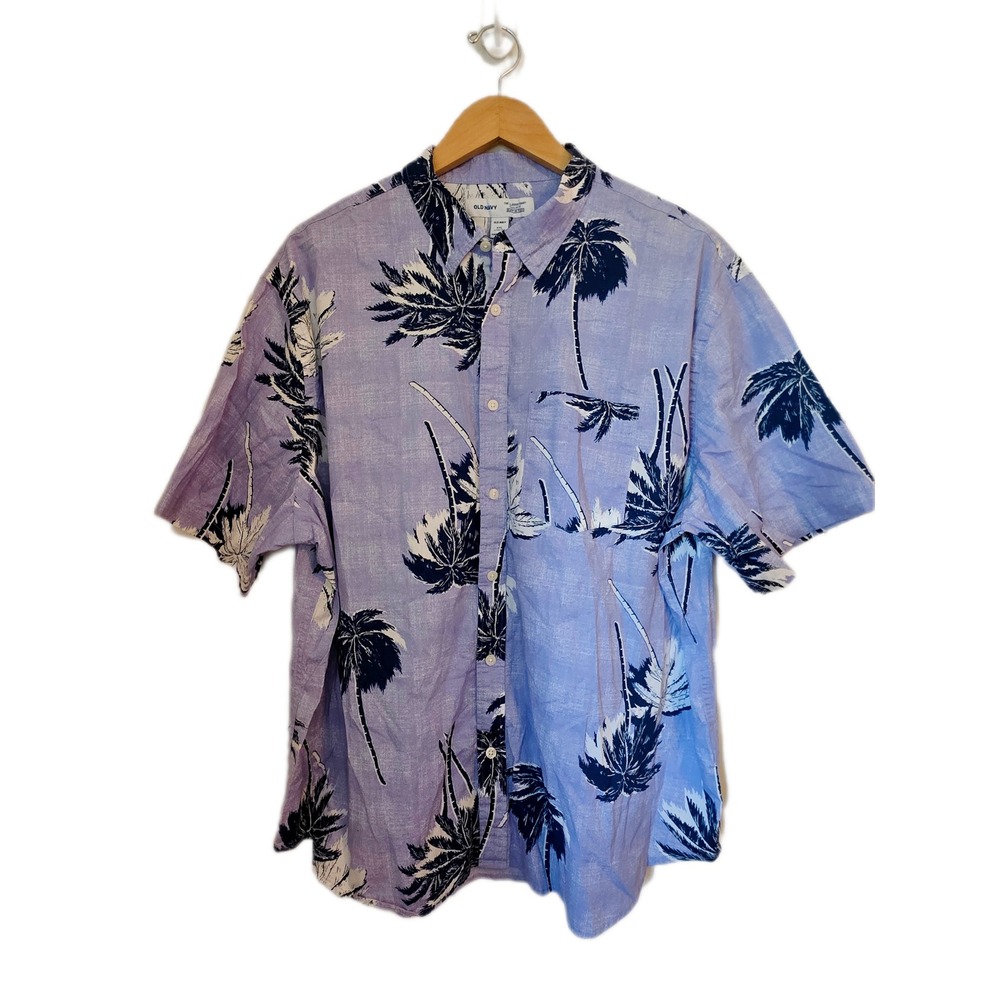 Old Navy Mens XXL Hawaiian Shirt Lavender Palm Tree Flex Button Up Short Sleeve